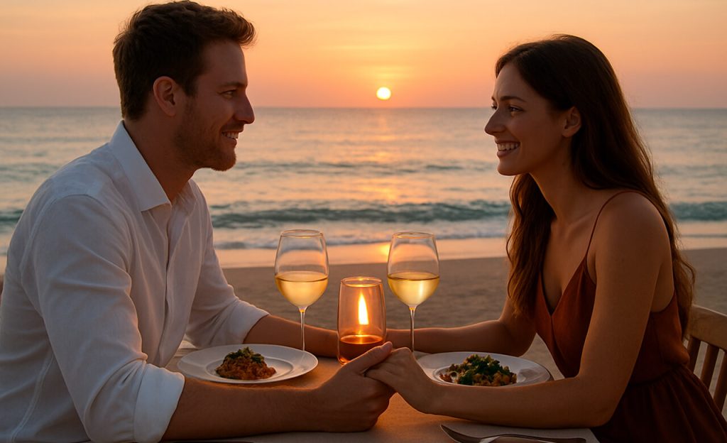 Couple having dinner by the beach.